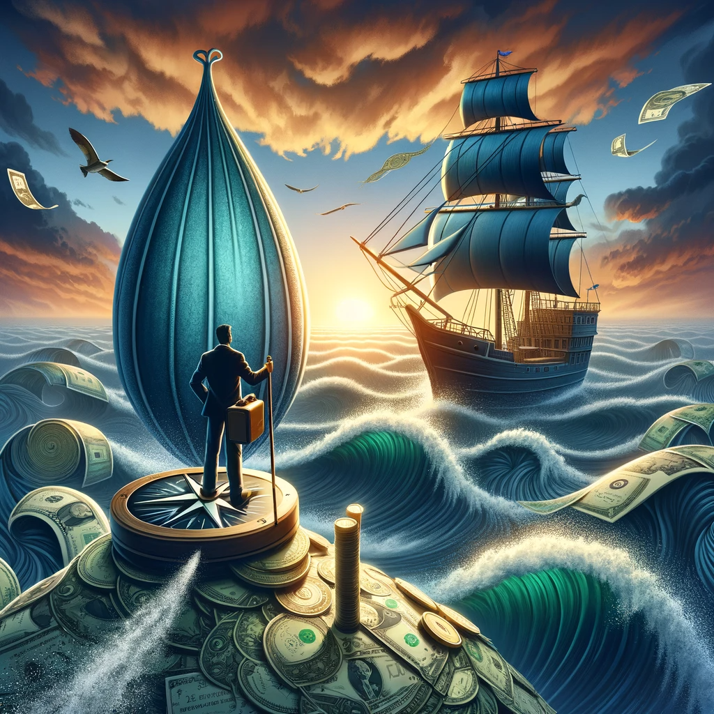 Entrepreneur standing on compass over sea of money with seed-shaped sailboat and traditional ship in the background at sunset