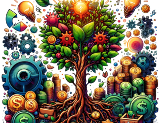 olorful illustration of a tree representing startup growth, with gears, lightbulbs, and financial symbols.