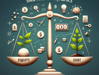 "Illustration of seed finance dynamics in startups, showcasing a balance scale with equity and debt, and symbols representing growth and grants.