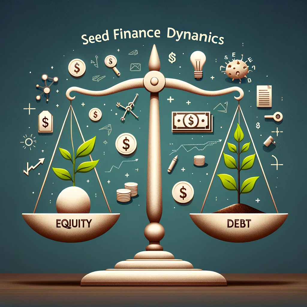 "Illustration of seed finance dynamics in startups, showcasing a balance scale with equity and debt, and symbols representing growth and grants.