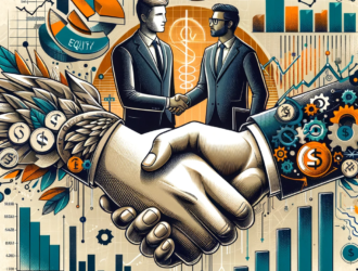 Startup founder and investors handshake symbolizing equity financing partnership, with financial charts and share symbols in the background