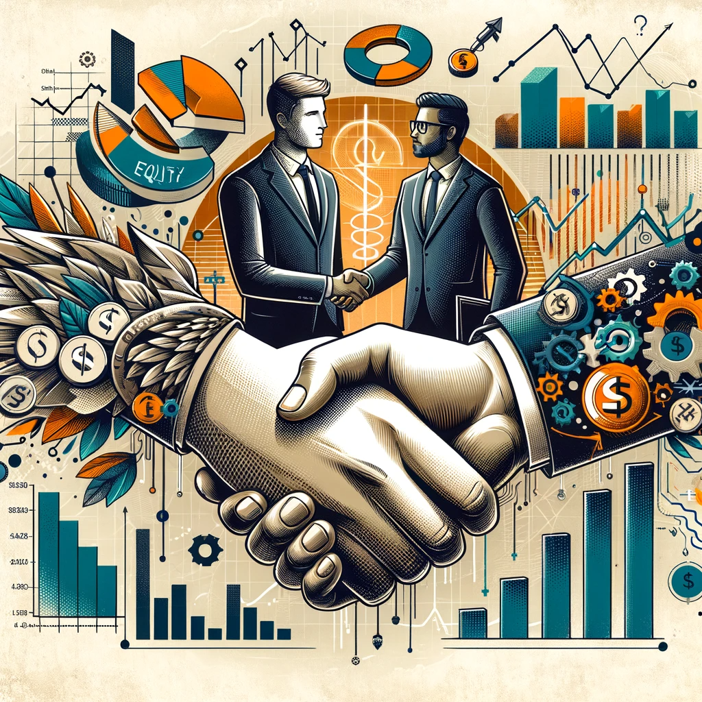 Startup founder and investors handshake symbolizing equity financing partnership, with financial charts and share symbols in the background