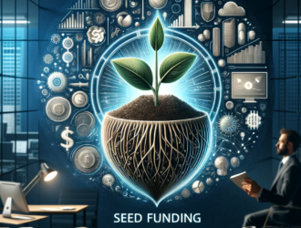 Illustration of seed funding concept, showing a seed sprouting into a plant against a corporate-themed background, with texts about Seed Funding strategies and startup growth