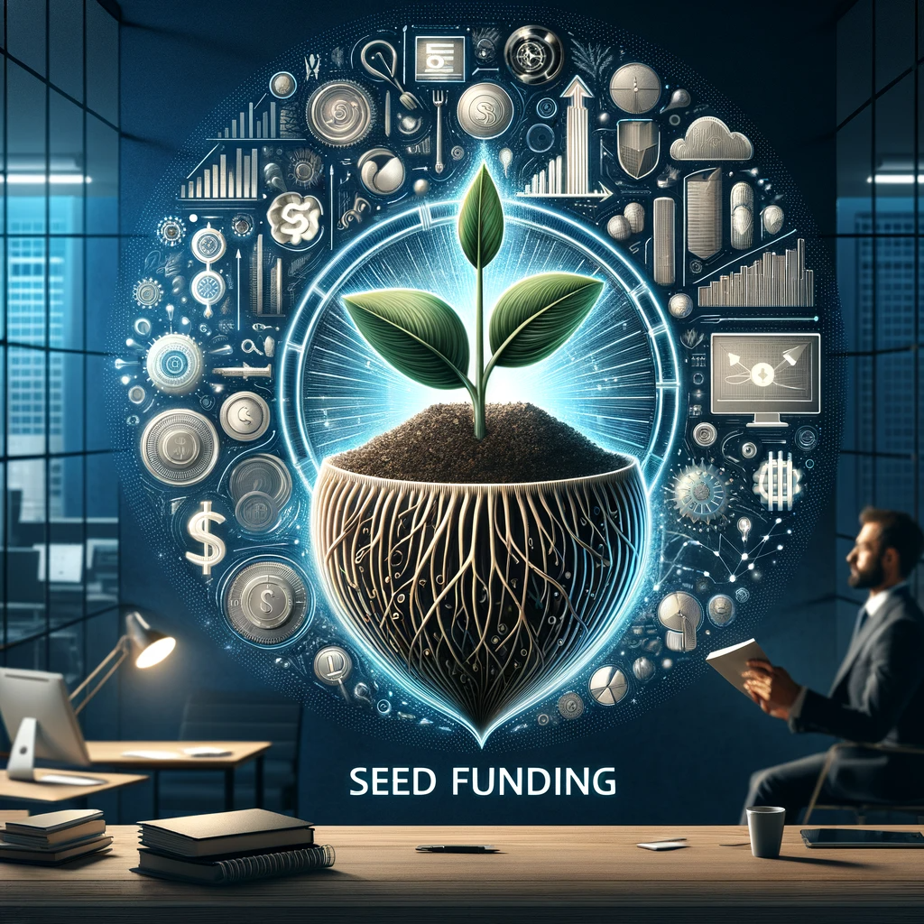 Illustration of seed funding concept, showing a seed sprouting into a plant against a corporate-themed background, with texts about Seed Funding strategies and startup growth