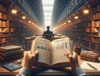 A person immersed in reading an open book on venture capital in the tranquil setting of a library, surrounded by bookshelves filled with books, with elements like a notepad, pen, and a laptop displaying financial charts nearby, symbolizing in-depth research and learning.