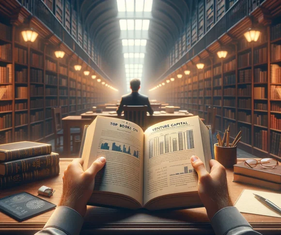 A person immersed in reading an open book on venture capital in the tranquil setting of a library, surrounded by bookshelves filled with books, with elements like a notepad, pen, and a laptop displaying financial charts nearby, symbolizing in-depth research and learning.