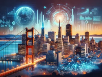 The San Francisco skyline at dusk, illuminated by the vibrant glow of innovation, with iconic landmarks like the Golden Gate Bridge and the Transamerica Pyramid, intertwined with symbols of venture capital such as upward graphs and digital networks.