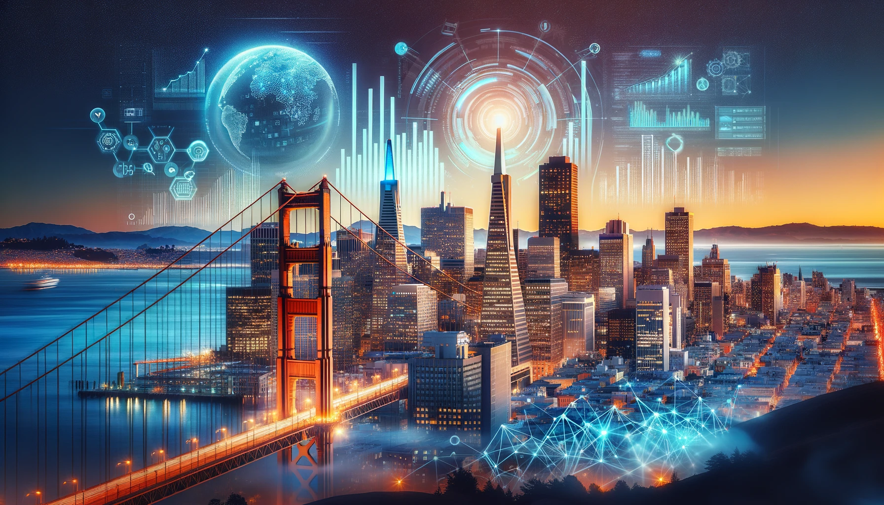 The San Francisco skyline at dusk, illuminated by the vibrant glow of innovation, with iconic landmarks like the Golden Gate Bridge and the Transamerica Pyramid, intertwined with symbols of venture capital such as upward graphs and digital networks.