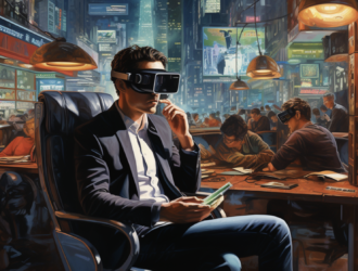 A digital painting of a man in a modern, busy office or cafe setting, wearing a virtual reality headset. He is well-dressed in business attire, focused on a task with a smartphone in his hand. Around him, others are also immersed in their work with similar headsets. The environment is reminiscent of a bustling cityscape with vibrant billboards, suggesting a blend of virtual and physical realities. The atmosphere is dynamic and illuminated by both natural and artificial lights, indicating a high-energy, tech-driven setting