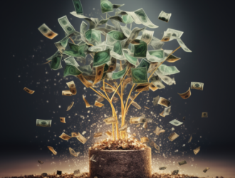 A digital illustration of a tree with banknotes for leaves, growing in a pot with coins and notes sprouting from the soil, against a dark background with scattered bills floating away.