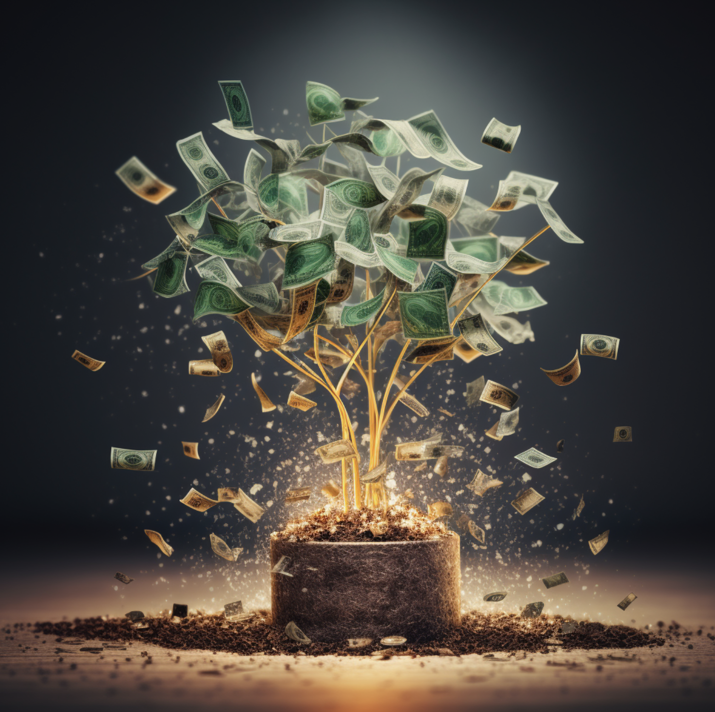 A digital illustration of a tree with banknotes for leaves, growing in a pot with coins and notes sprouting from the soil, against a dark background with scattered bills floating away.