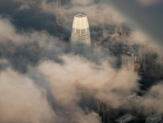 salesforce tower through the fog