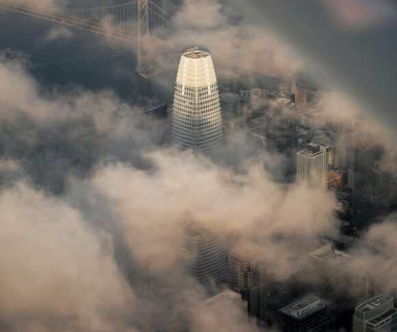 salesforce tower through the fog